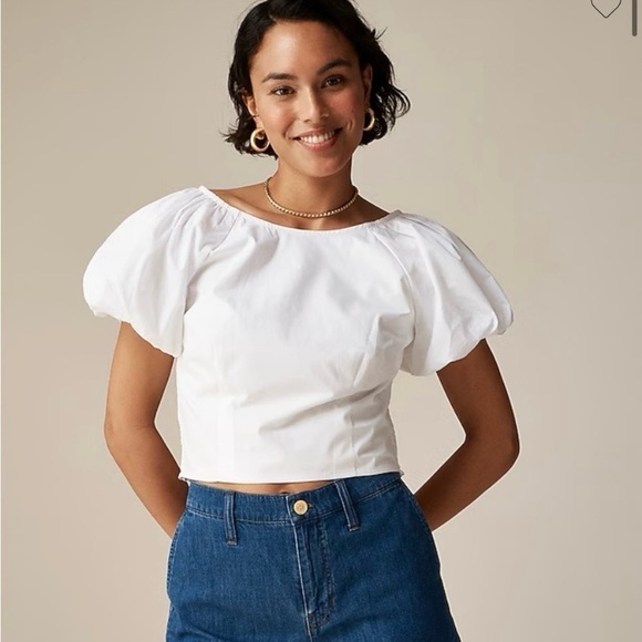 J. Crew Tops - J Crew Size 10 White Cropped Fitted Puff Sleeve Blouse Top  Smocked Back NWT
